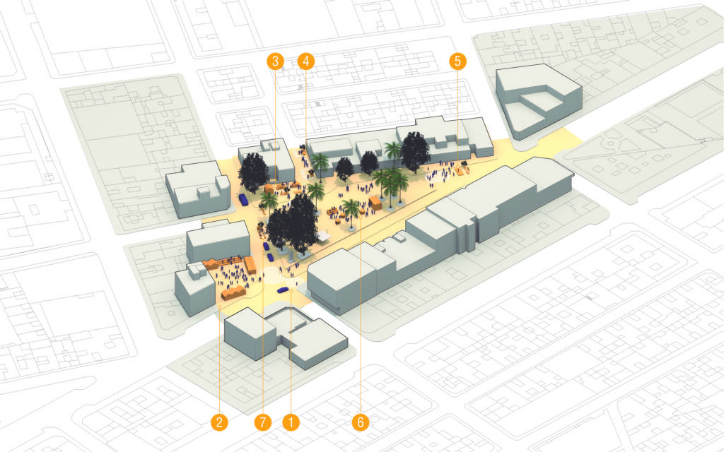 Axonometría resumen del proceso de Diseño Cívico para la Plaza del Tomate, Puerto del Rosario (Fuerteventura)