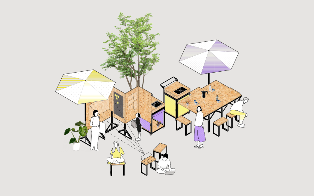El Hervidero: Propuesta de artefacto mínimo para facilitar la participación en el espacio público. Dibujo realizado por la Oficina de Innovación Cívica S. Coop. Año 2022